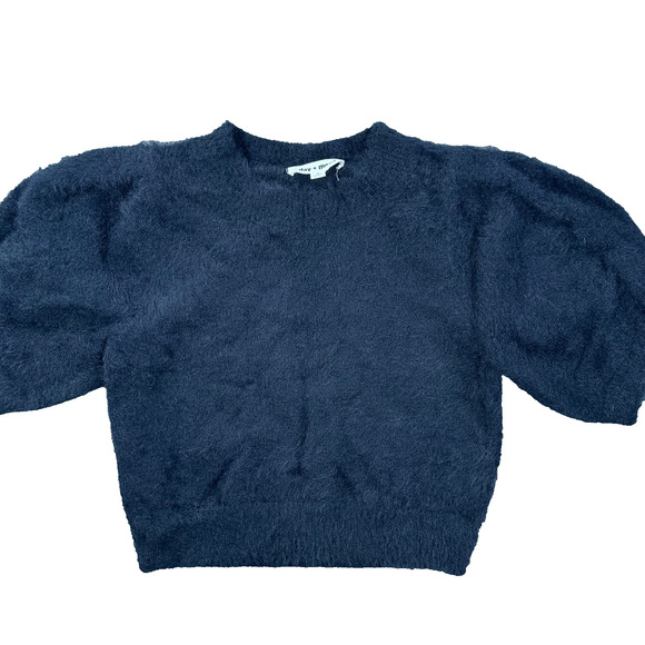 Day + Moon Fuzzy Cropped Sweater Top Size Small Black Short Puff Sleeve Crew Nec - Picture 1 of 9